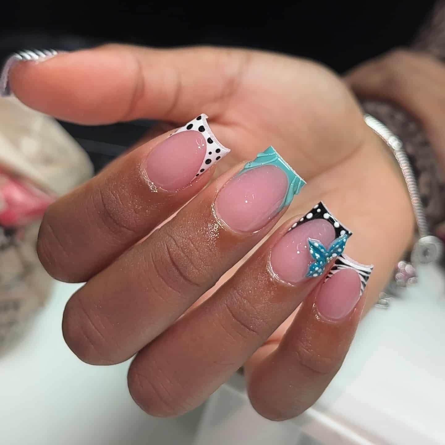 8. Retro Pop Art French Tip Nails in Teal and Black - cute short nail ideas