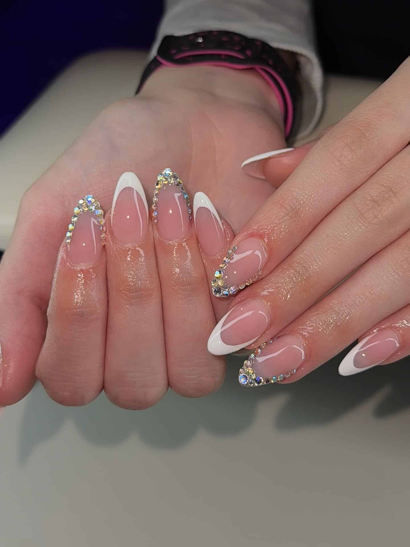 9. Rhinestone French Almond Nails in Soft White - cute short nail ideas