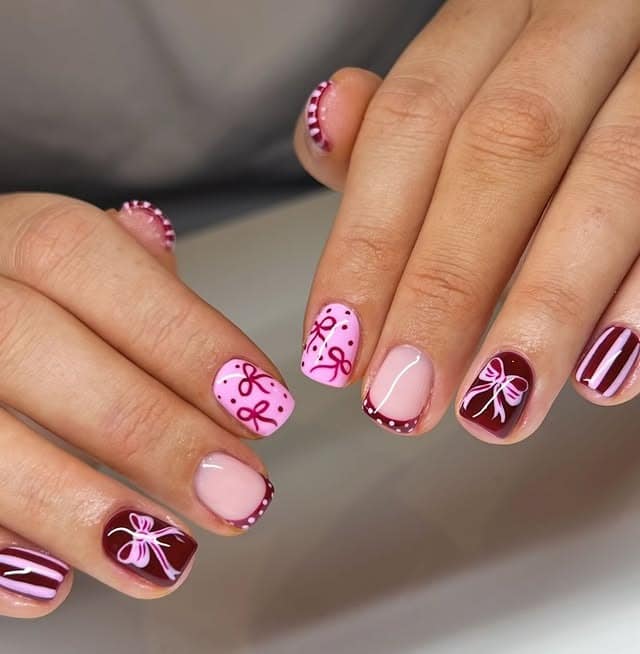 12. Burgundy Bow Nails with Soft Pink Accents - cute short nail ideas