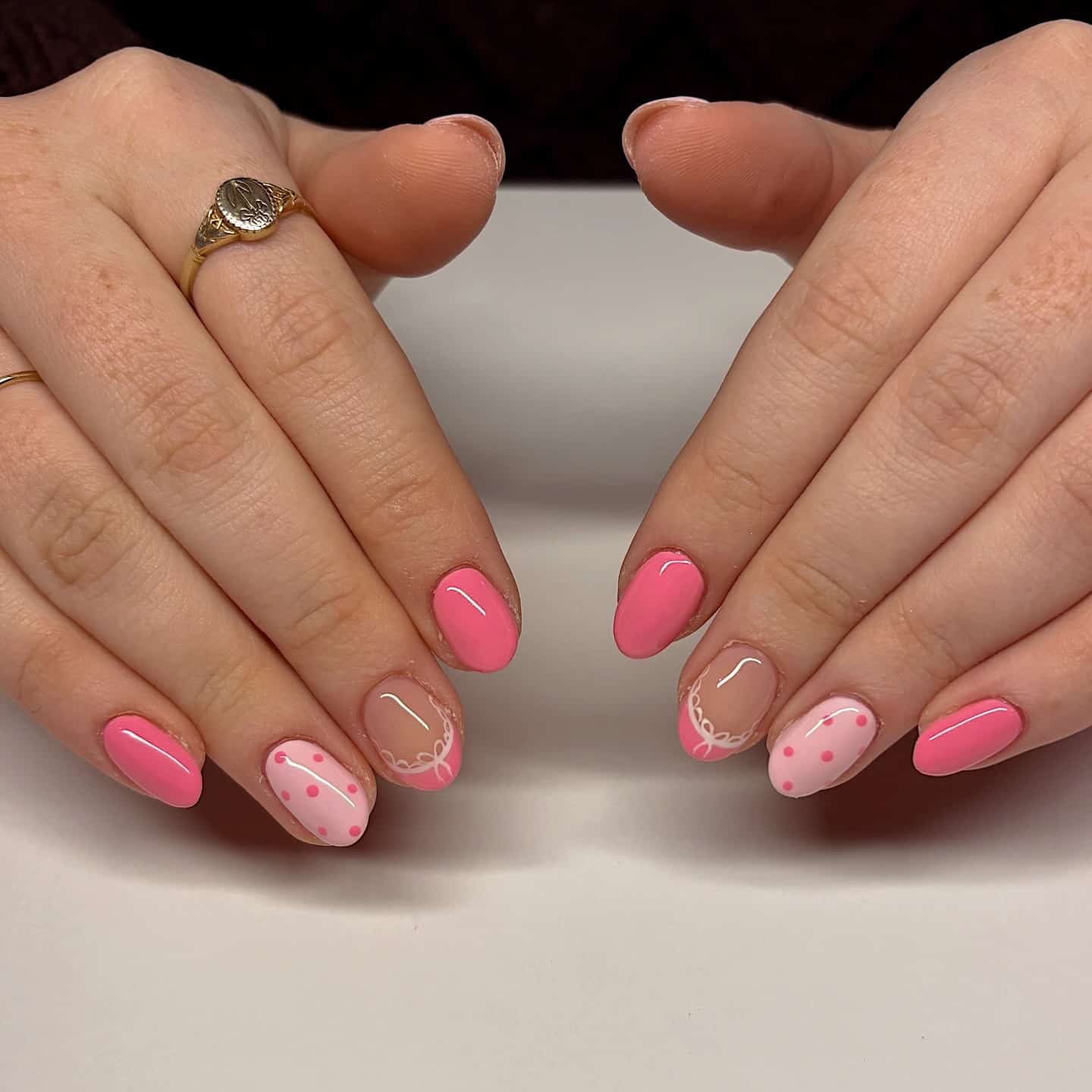 14. Bubblegum Pink Polka Dot Nails with Lace Details - cute short nail ideas