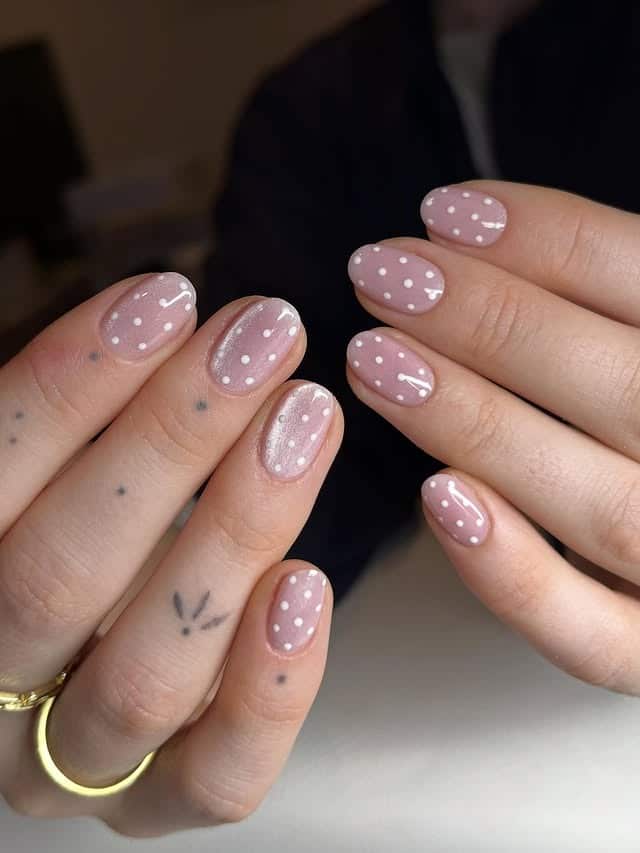 18. Sheer Pink Polka Dot Nails with Milky Finish - cute short nail ideas
