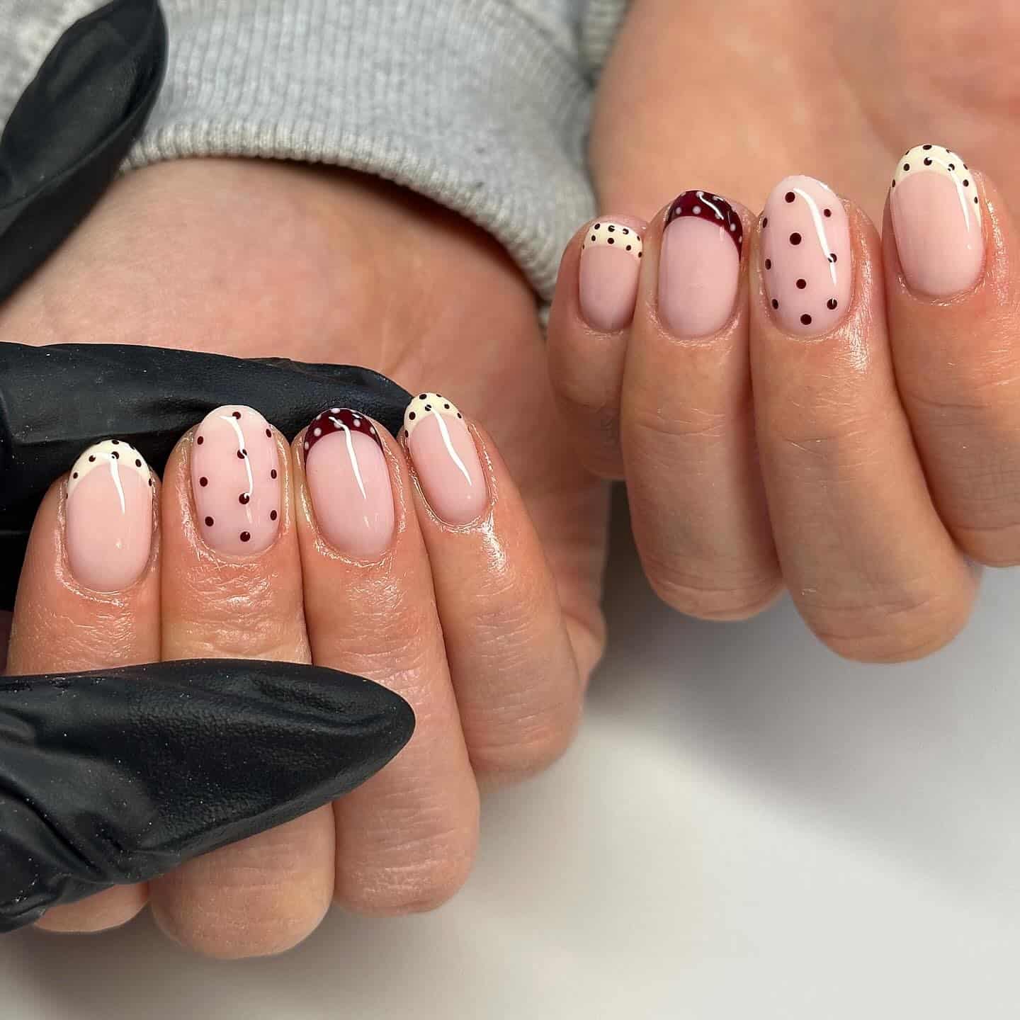 20. Burgundy French Tip Nails with Polka Dot Details - cute short nail ideas
