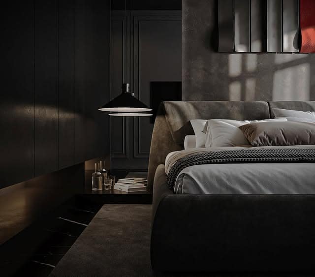 1. Moody Charcoal Bedroom with Soft Layered Textures - dark bedroom ideas