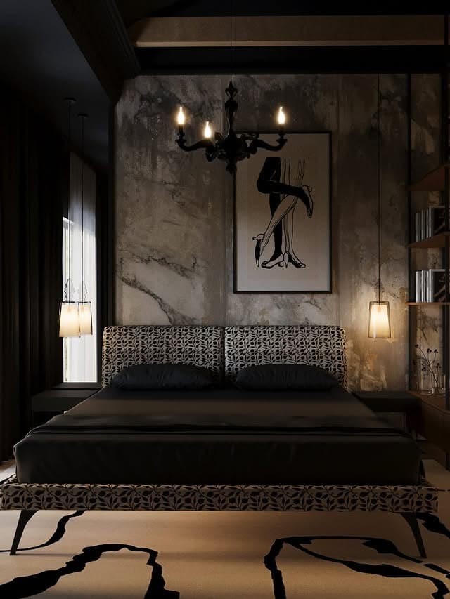 2. Black and Stone Bedroom with Art Deco Influence - dark bedroom ideas