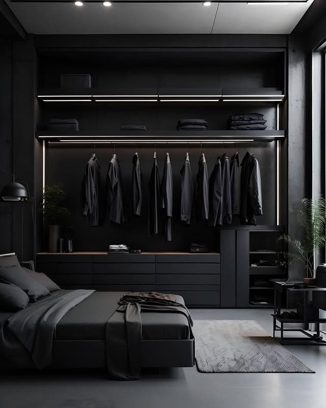 4. Monochromatic Black Bedroom with Illuminated Open Wardrobe - dark bedroom ideas
