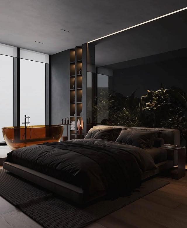 6. Luxury Black Bedroom with Freestanding Amber Bathtub - dark bedroom ideas