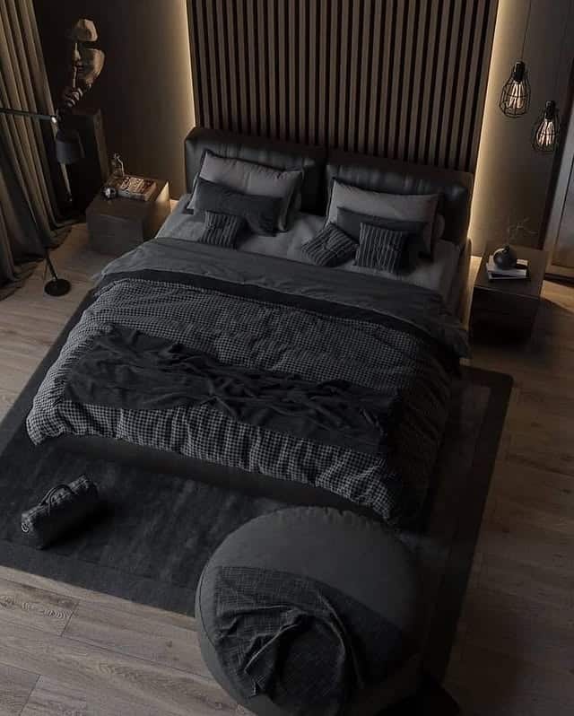8. Dark Wood Slat Bedroom with Warm Backlit Headboard - dark bedroom ideas