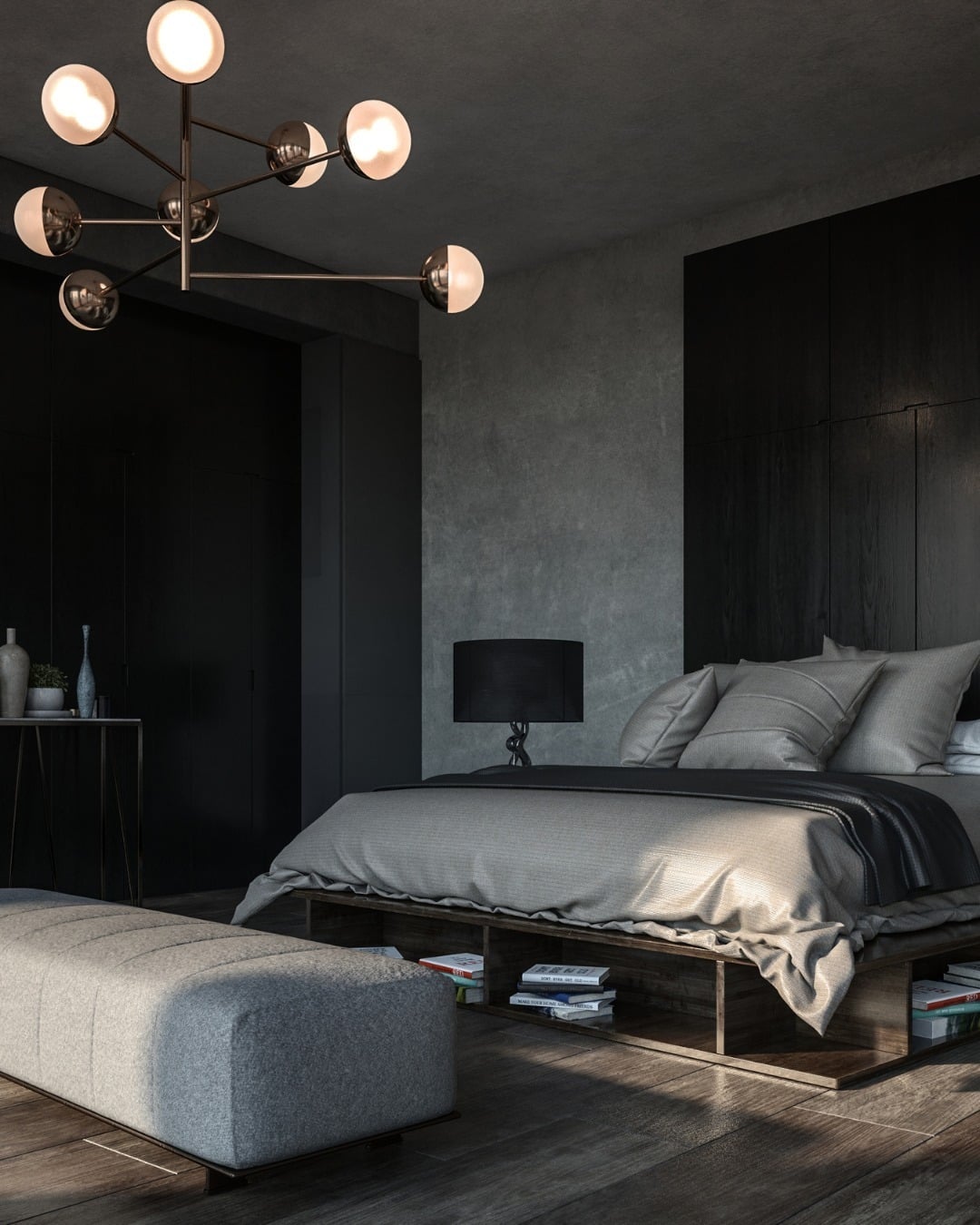 11. Charcoal Gray Bedroom with Low Platform Bed Design - dark bedroom ideas