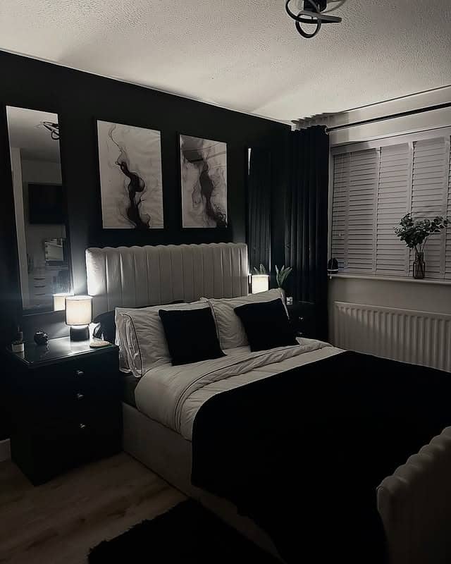 12. Black and White Bedroom with Upholstered Headboard - dark bedroom ideas