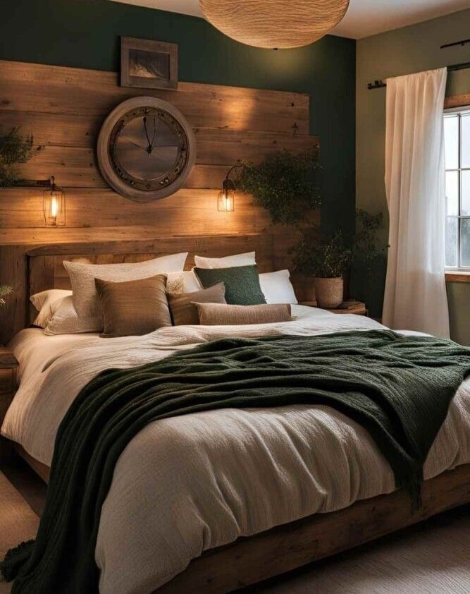 13. Forest Green Bedroom with Rustic Wood Accent Wall - dark bedroom ideas