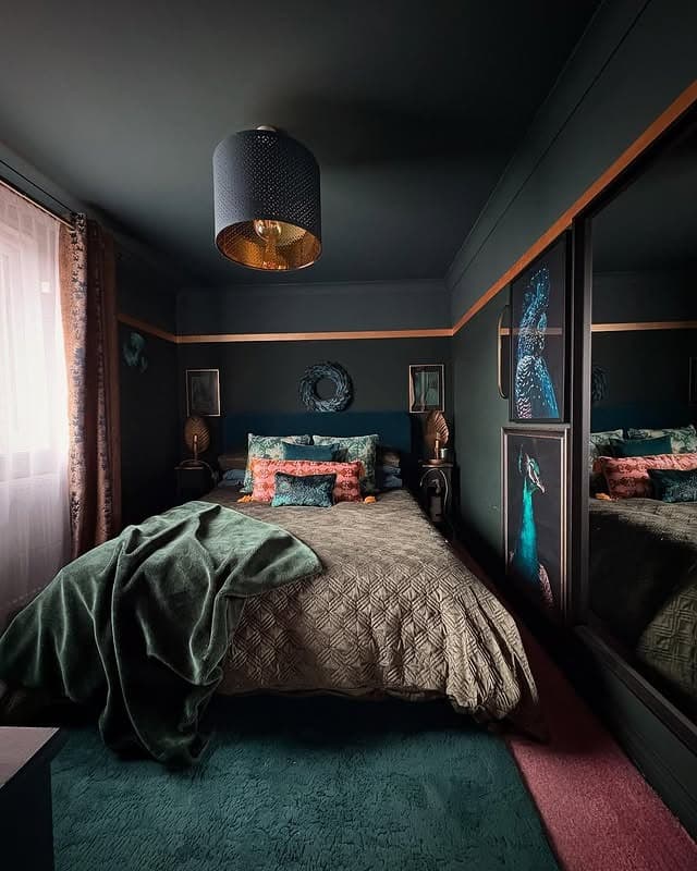 14. Deep Teal Bedroom with Dramatic Jewel-Tone Accents - dark bedroom ideas