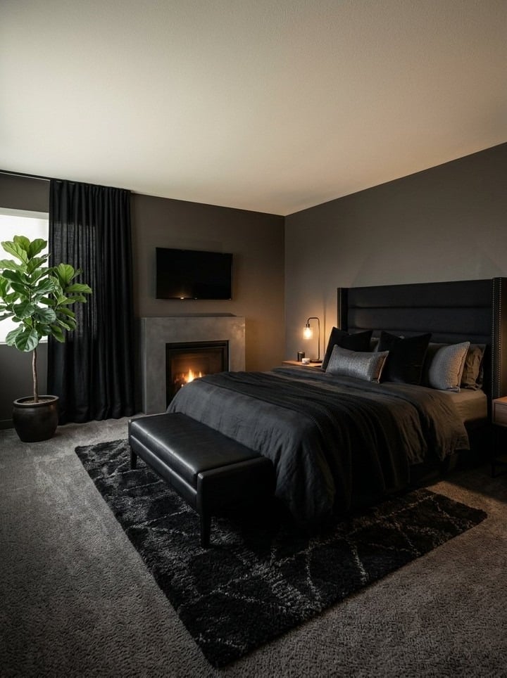 15. Dark Gray Bedroom with Fireplace and Black Furnishings - dark bedroom ideas