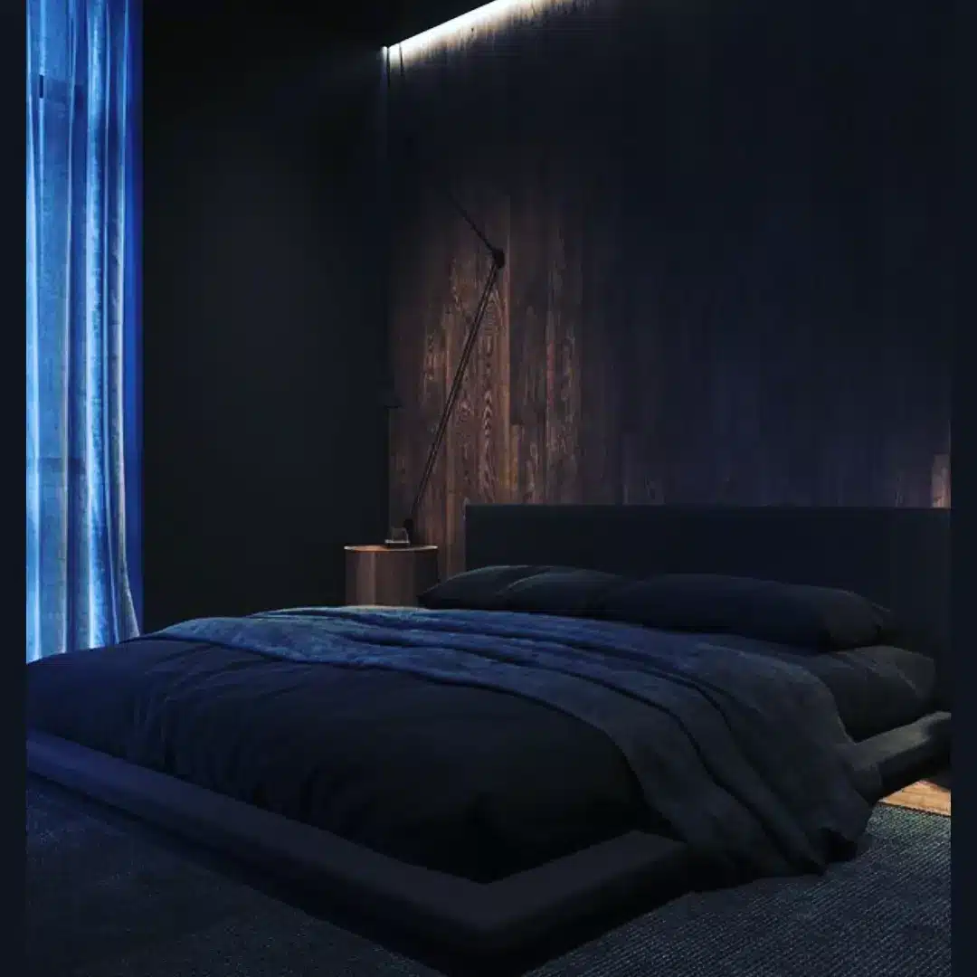 16. Midnight Blue Bedroom with Dark Wood Feature Wall - dark bedroom ideas