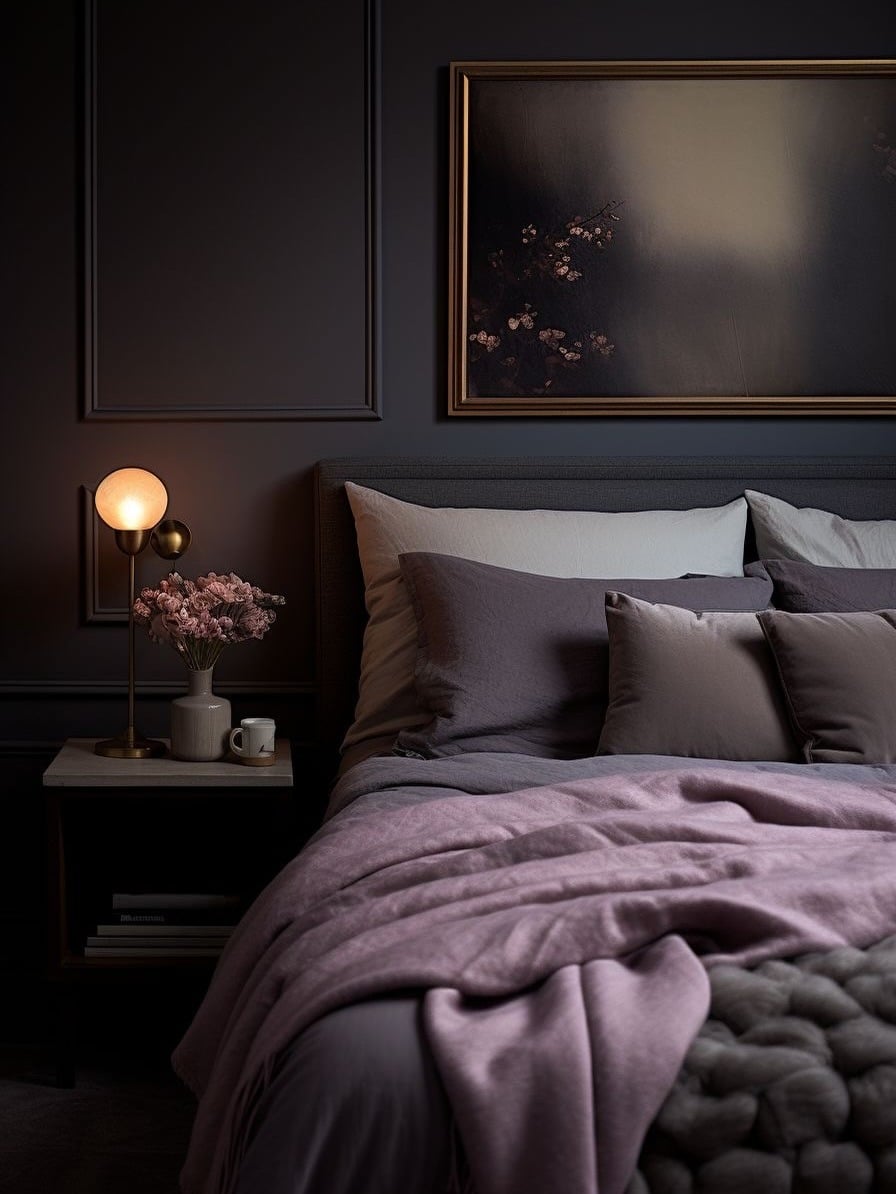17. Black Bedroom with Mauve Bedding and Classic Wall Molding - dark bedroom ideas
