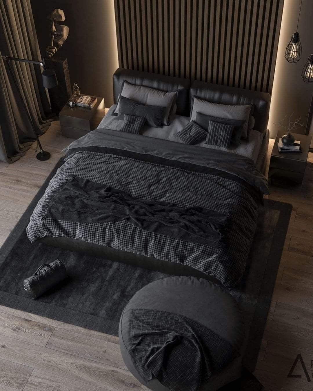 18. Modern Black Slat Wall Bedroom with Ambient Backlighting - dark bedroom ideas