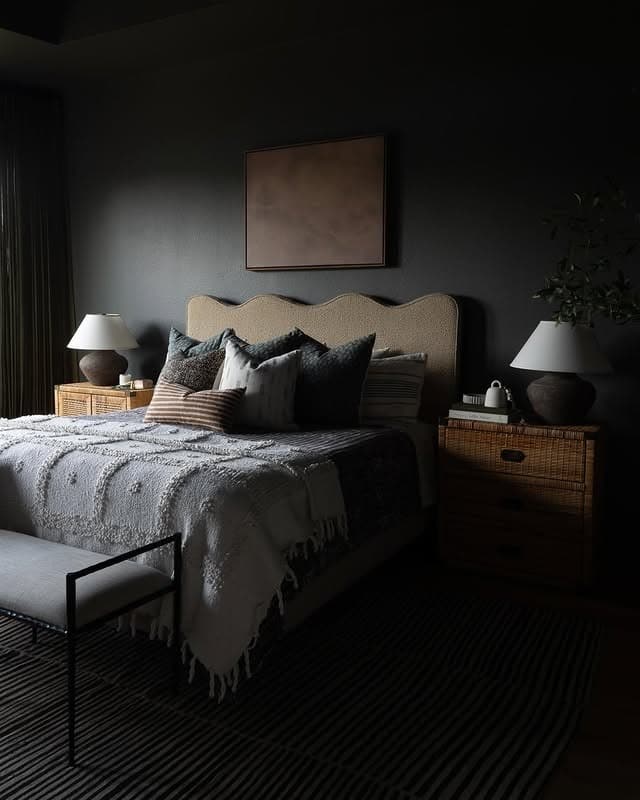 19. Black Bedroom with Natural Wood Nightstands - dark bedroom ideas