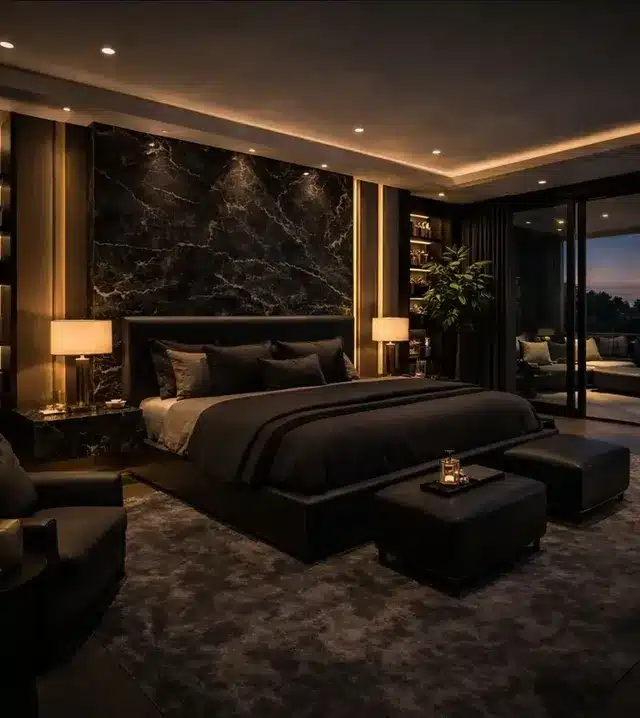 21. Luxury Black Bedroom with Marble Feature Wall and Warm Lighting - dark bedroom ideas