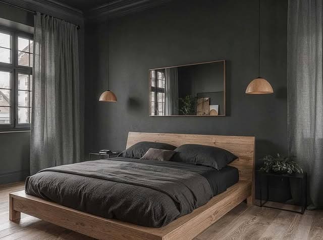 22. Charcoal Gray Bedroom with Natural Oak Platform Bed - dark bedroom ideas