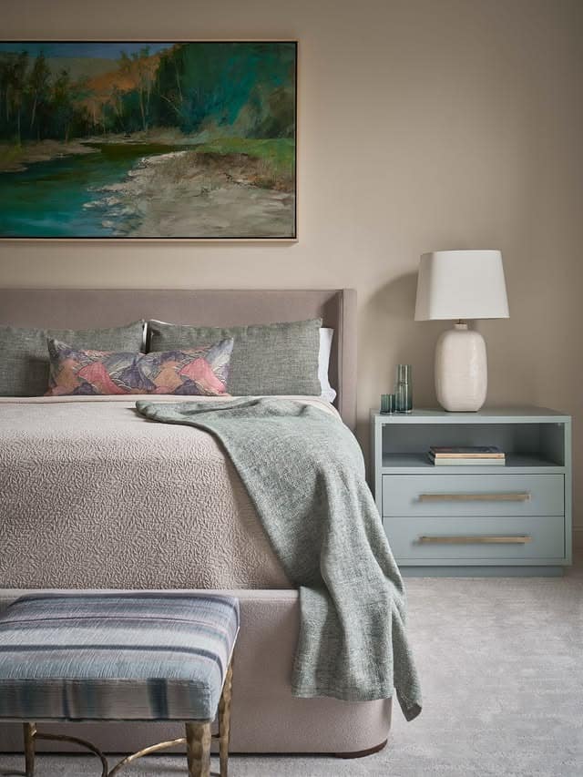 12. Sage Green and Taupe Contemporary Bedroom - primary bedroom ideas