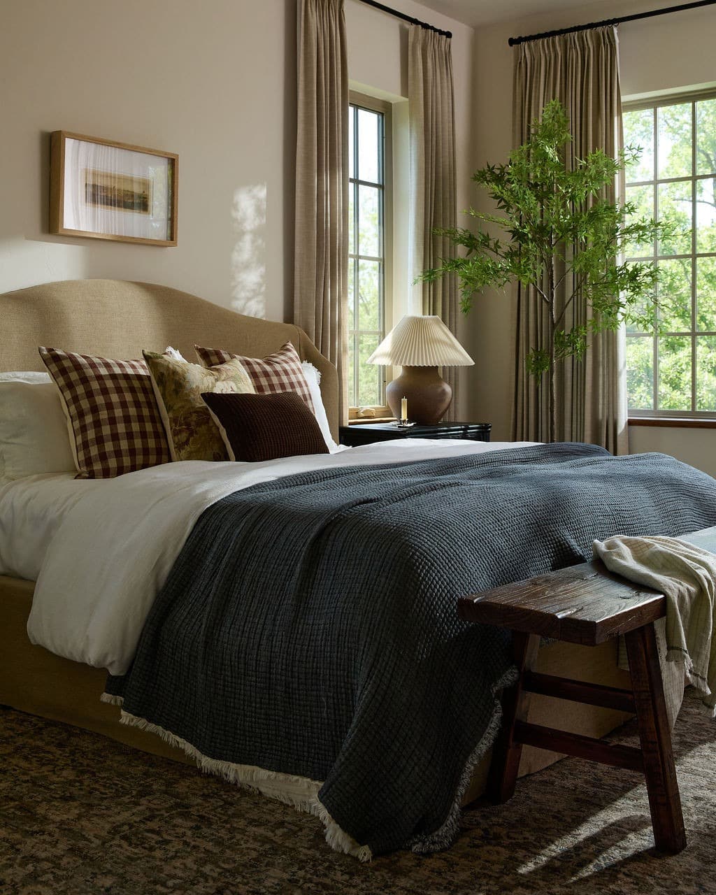 21. Moody Navy and Warm Beige Cozy Primary Bedroom - primary bedroom ideas