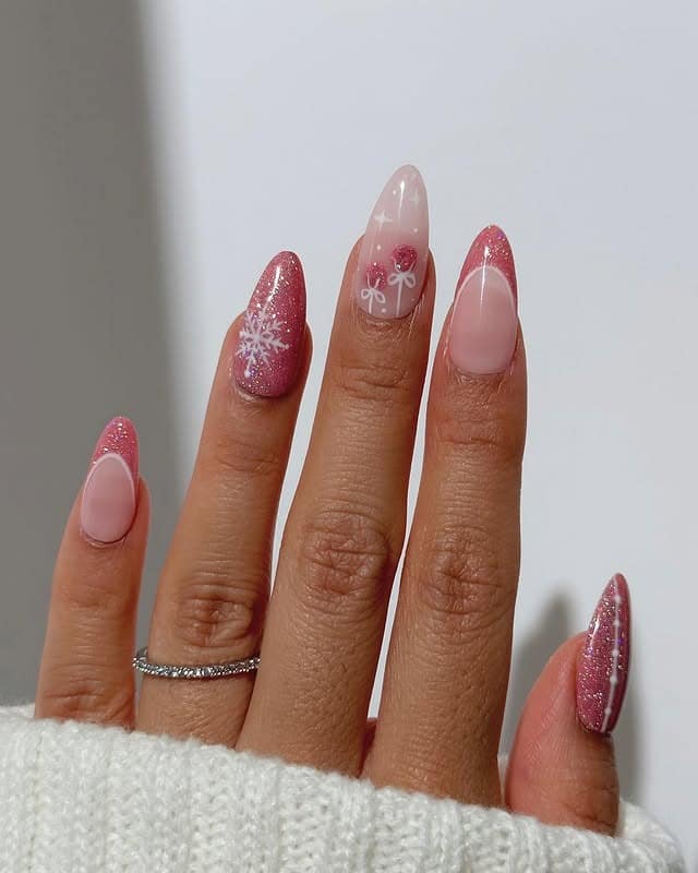 1. Pink Glitter French Almond Nails with Bow Accent - glitter nail ideas
