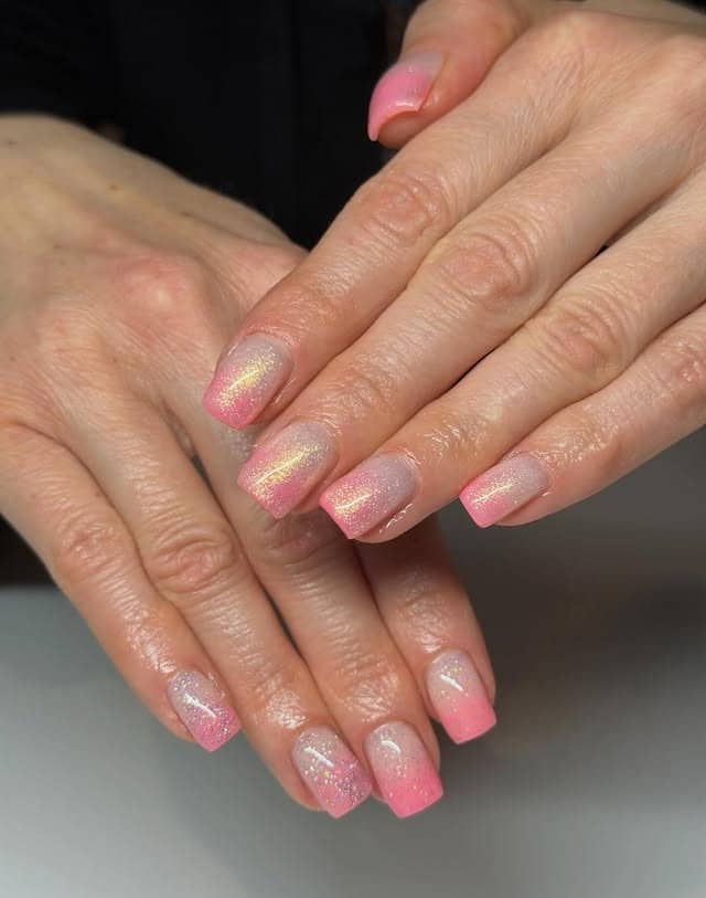 2. Iridescent Pink Ombre Square Nails - glitter nail ideas
