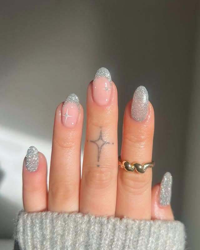 6. Silver Frost Glitter Almond Nails - glitter nail ideas