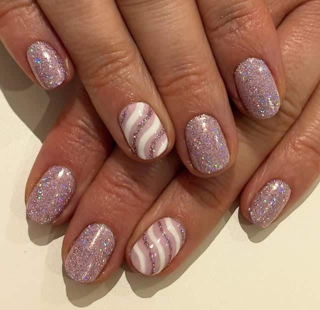 13. Lavender Glitter Swirl Short Oval Nails - glitter nail ideas