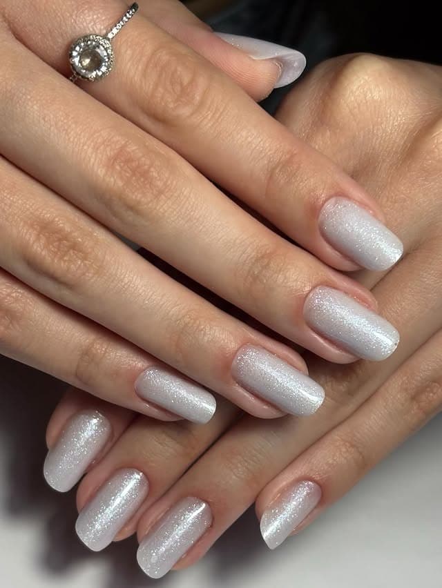 14. Pearl White Shimmer Square Nails - glitter nail ideas