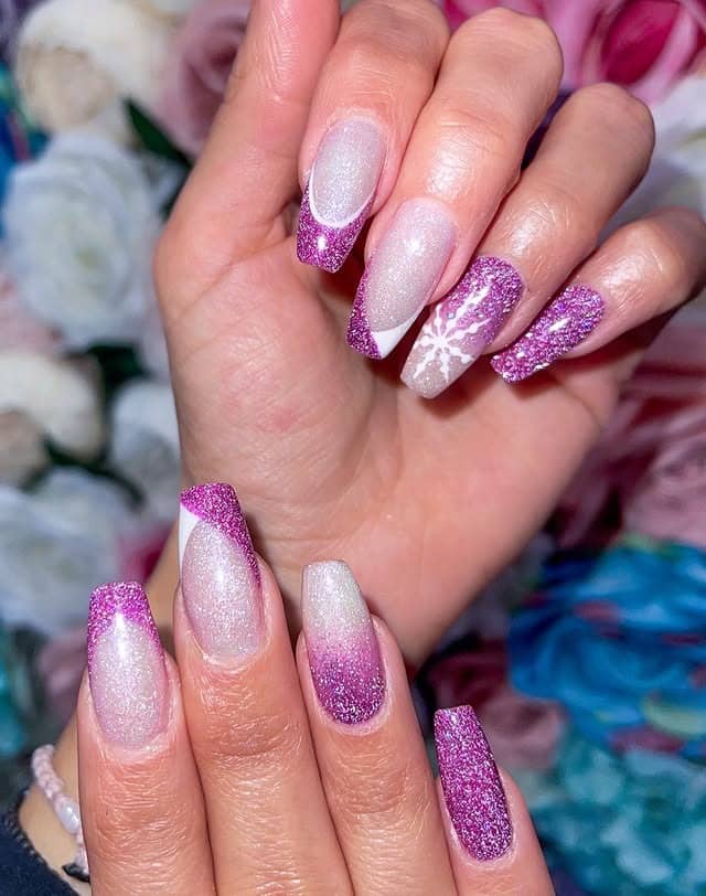 16. Magenta Glitter French Coffin Nails with Snowflake Art - glitter nail ideas