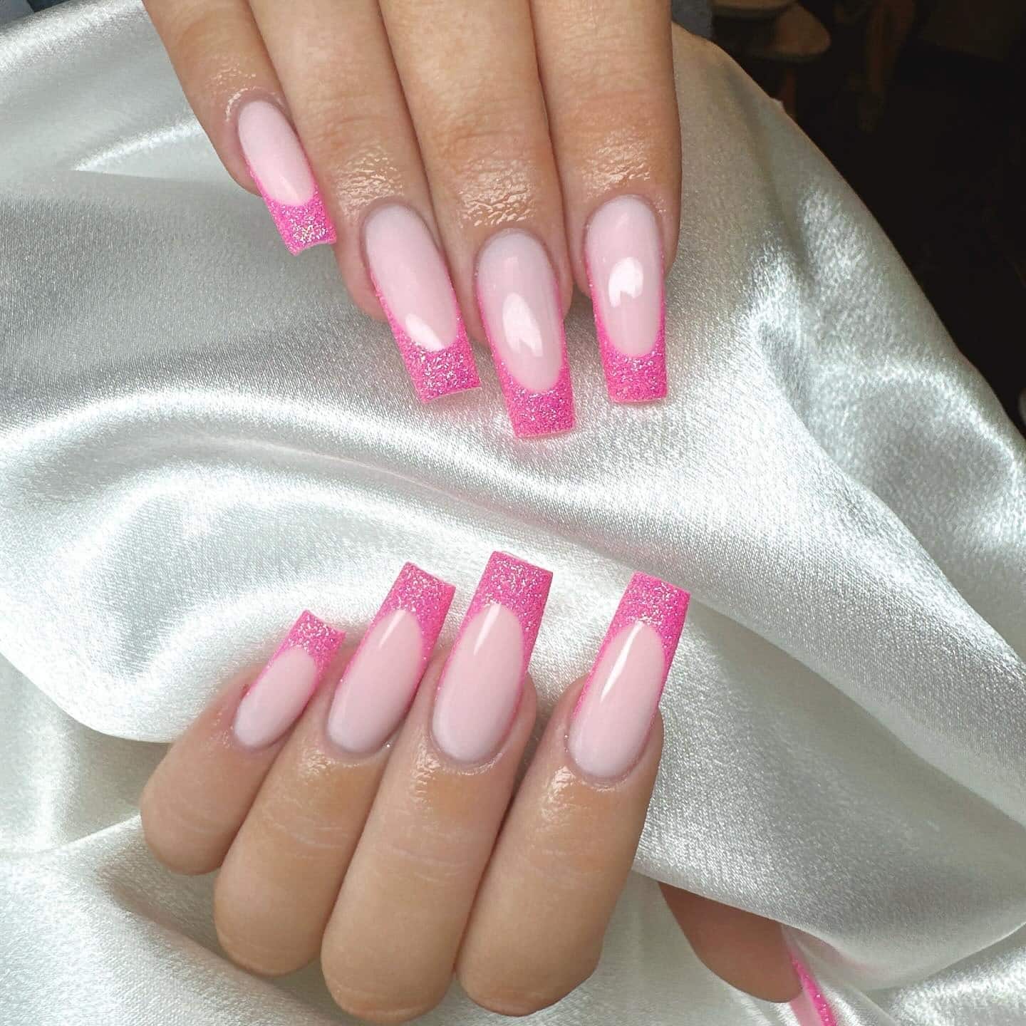 17. Bright Pink Glitter French Square Nails - glitter nail ideas