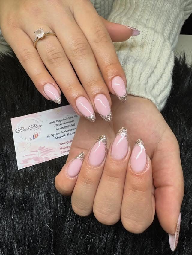 18. Soft Pink Silver Glitter French Almond Nails - glitter nail ideas