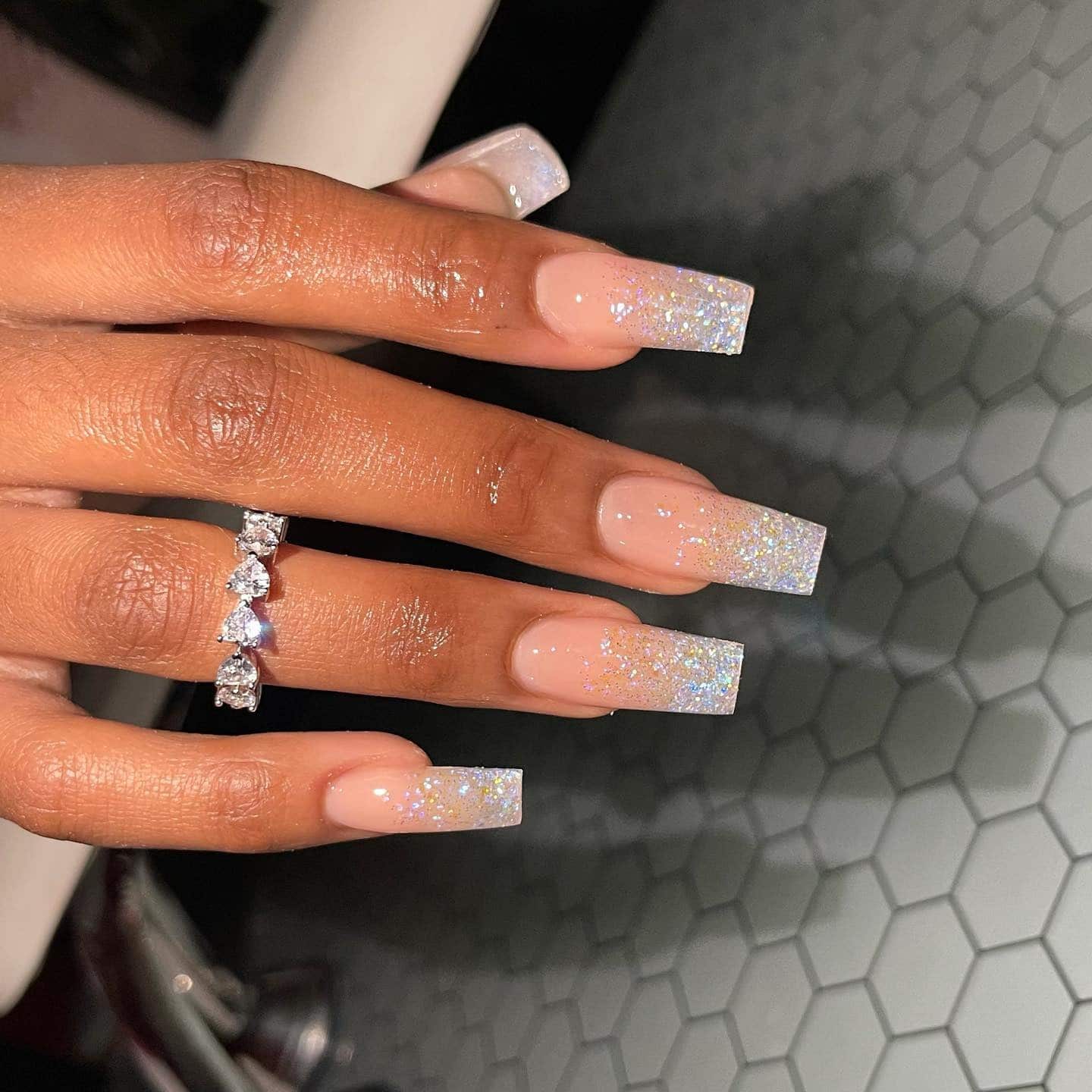 19. Nude Iridescent Glitter Ombre Square Nails - glitter nail ideas