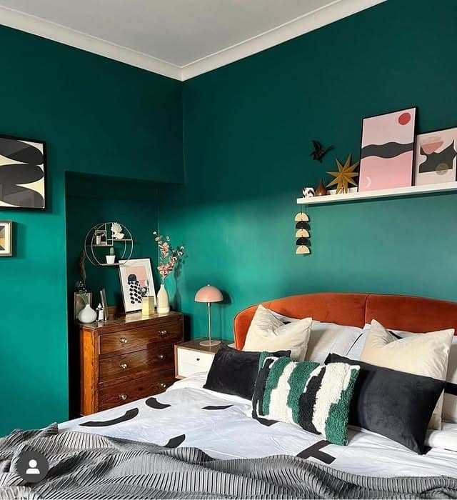 4. Jewel-Toned Teal Bedroom With Burnt Orange Accents - teal bedroom ideas