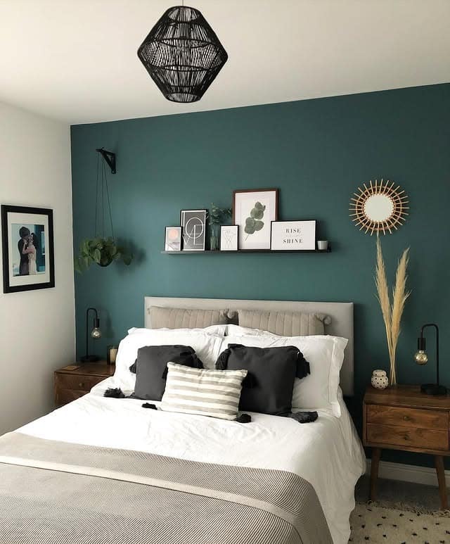 7. Sage Teal Accent Wall With Mid-Century Styling - teal bedroom ideas