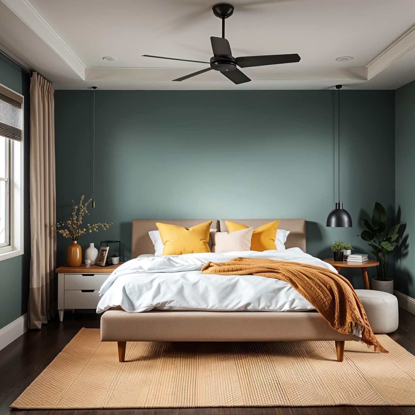 8. Deep Teal Bedroom With Warm Ochre Highlights - teal bedroom ideas
