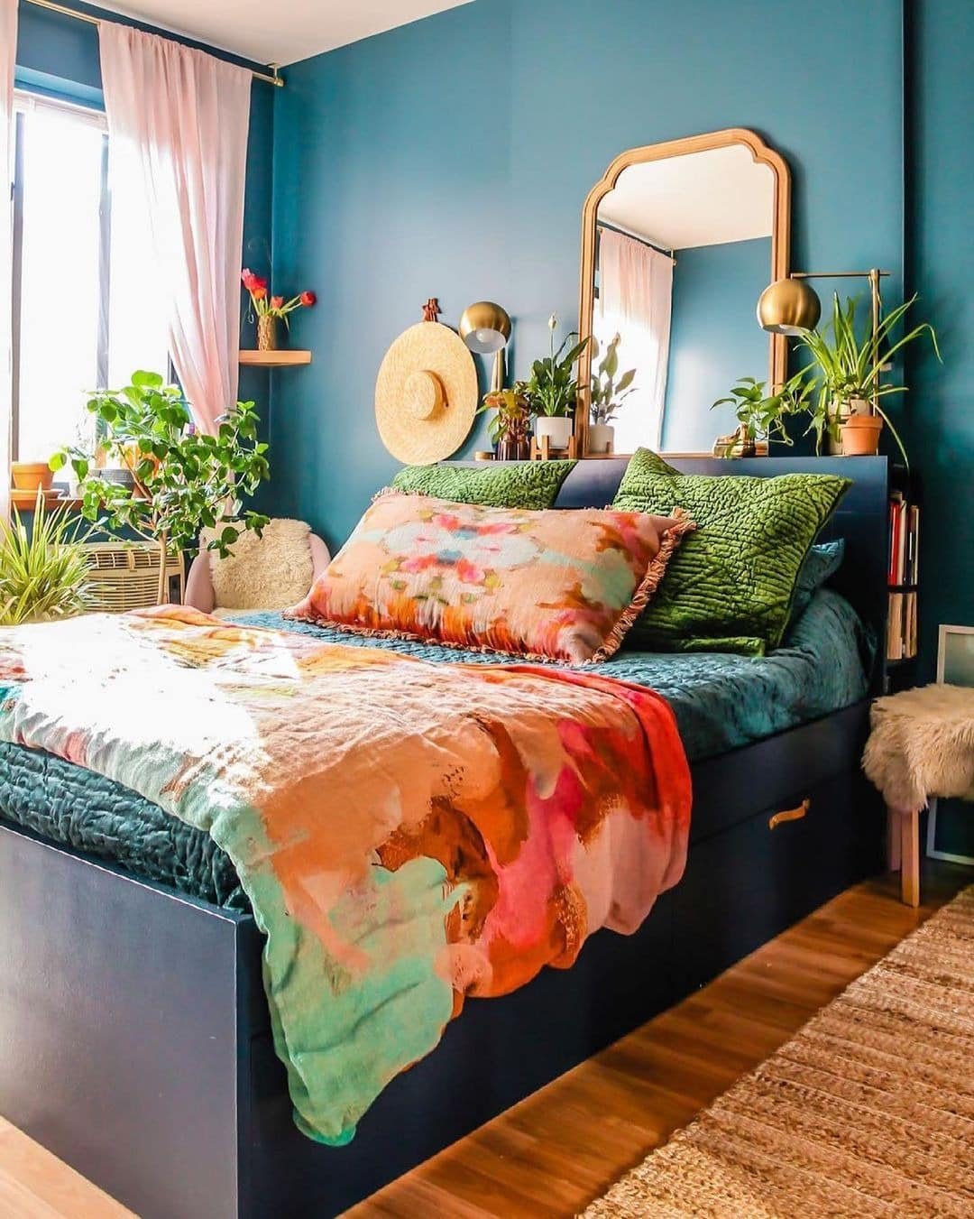 10. Eclectic Teal Bedroom With Botanical Charm - teal bedroom ideas