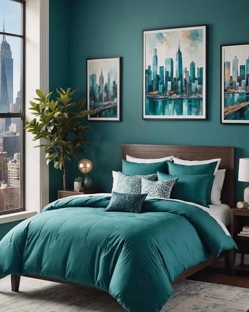 12. Urban Teal Bedroom With City-Inspired Artwork - teal bedroom ideas