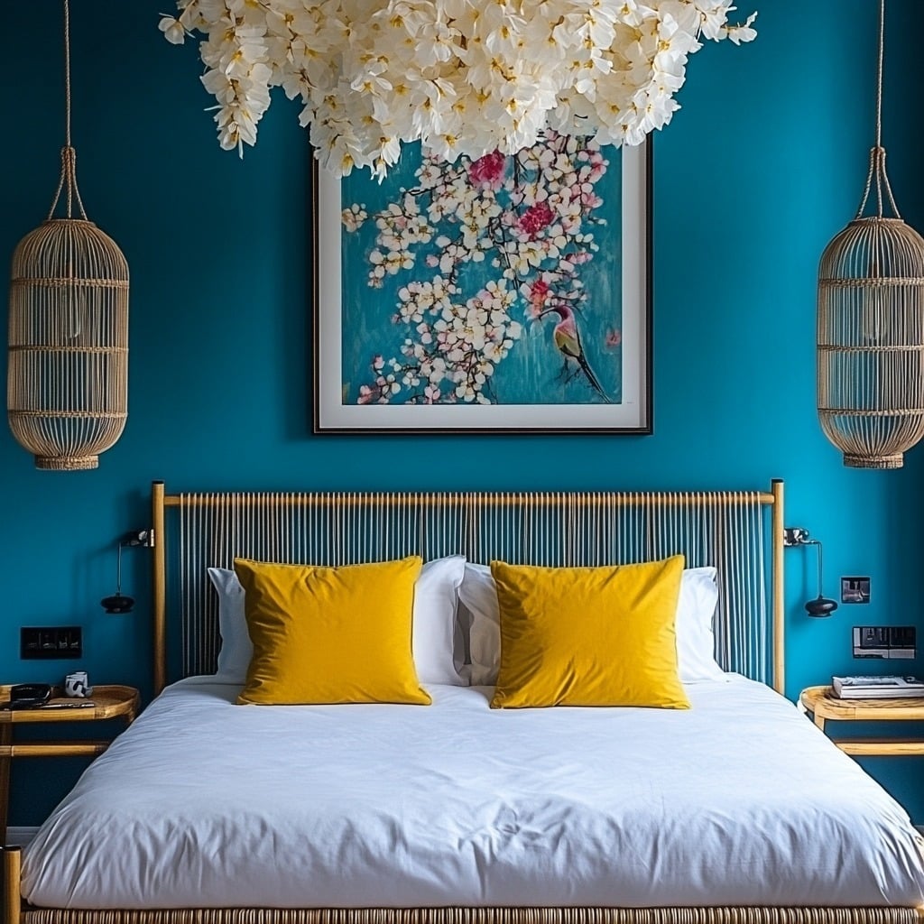 14. Vibrant Teal Bedroom With Mustard Yellow Contrast - teal bedroom ideas