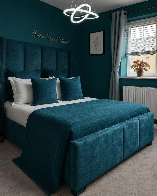 19. Monochromatic Teal Bedroom With Plush Upholstery - teal bedroom ideas