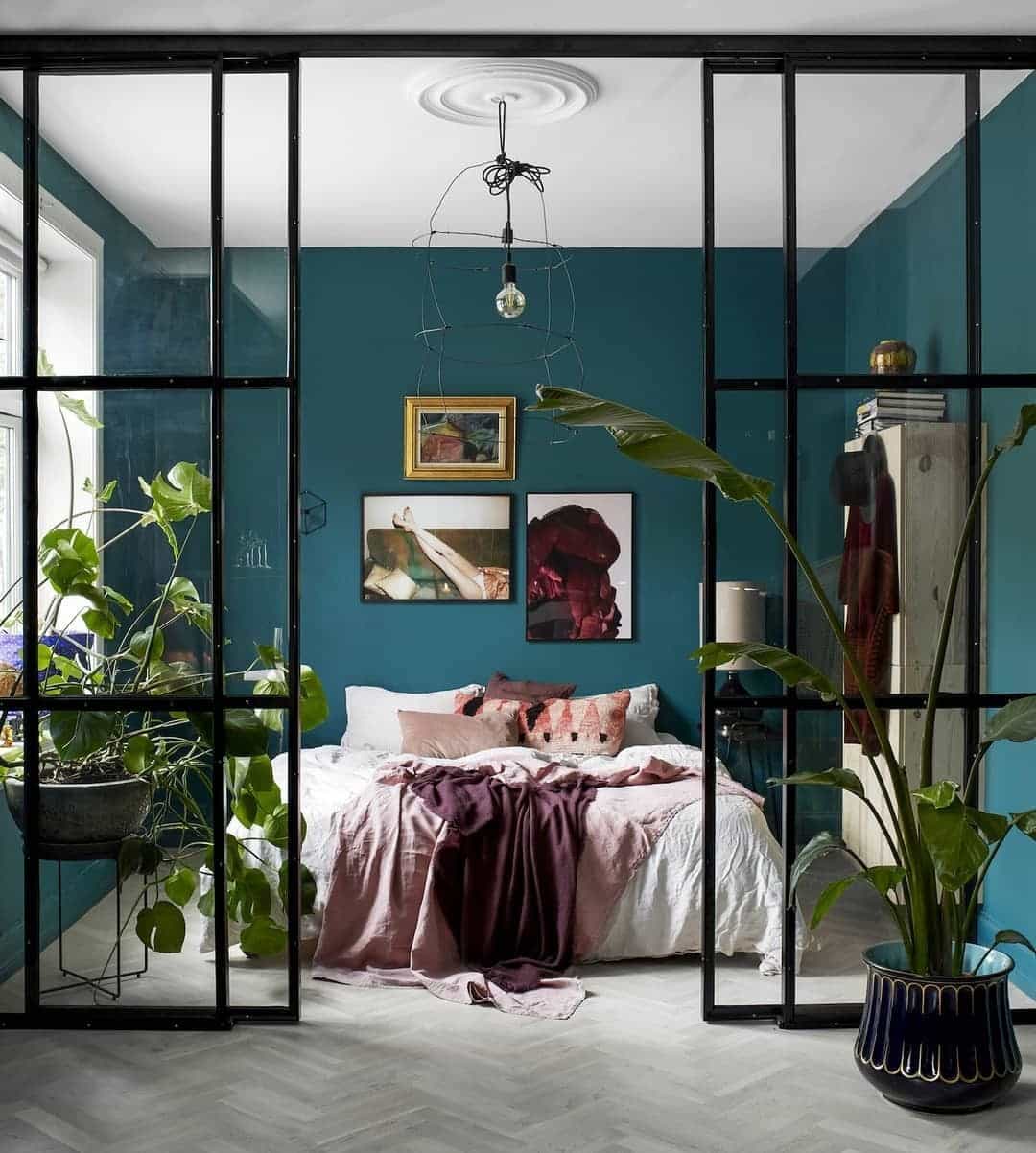 20. Teal Glass Partition Bedroom With Industrial Style - teal bedroom ideas