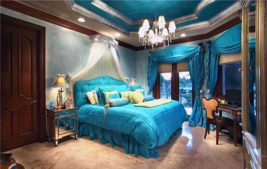 22. Glamorous Teal Bedroom With Classic Luxury Details - teal bedroom ideas