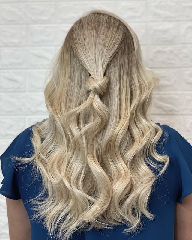 12. Champagne Blonde Half-Up Waves - Champagne Blonde Hair Color