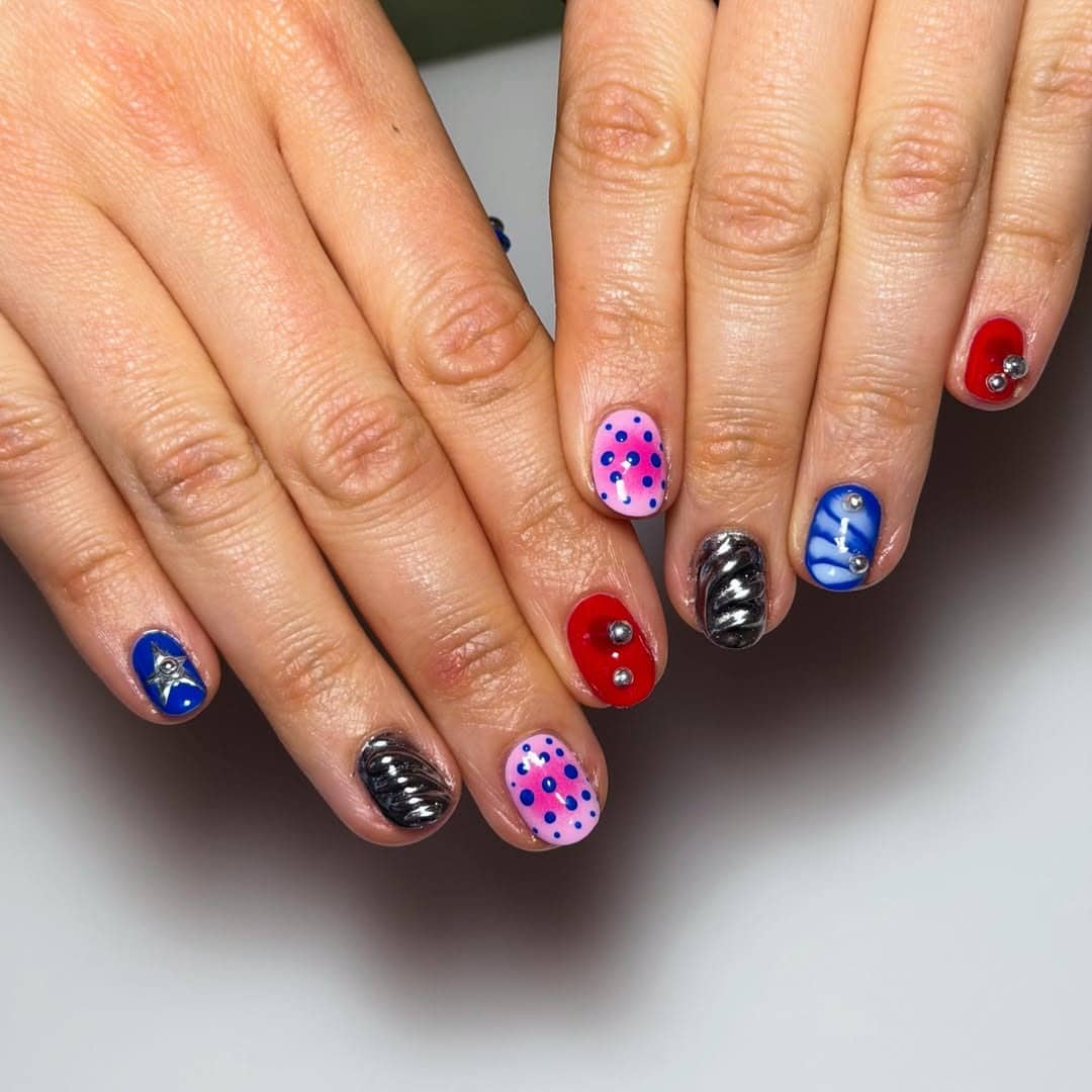 1. Primary Pop Art Short Nails in Red, Blue, Pink & Black - short nail art ideas