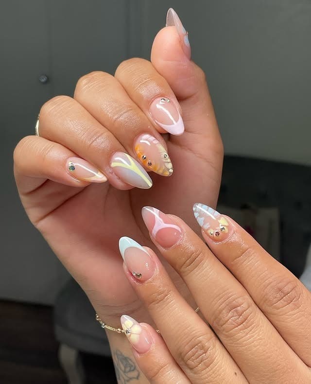 5. Pastel Abstract French Almond Nails in White, Yellow & Nude - short nail art ideas