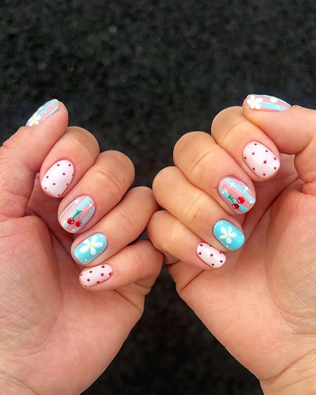 10. Cherry & Daisy Short Nails in Sky Blue, White & Red - short nail art ideas