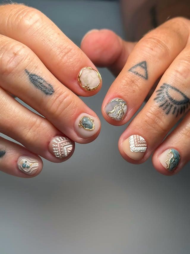 12. Boho Stone Short Nails in Ivory, Sage & Gold - short nail art ideas