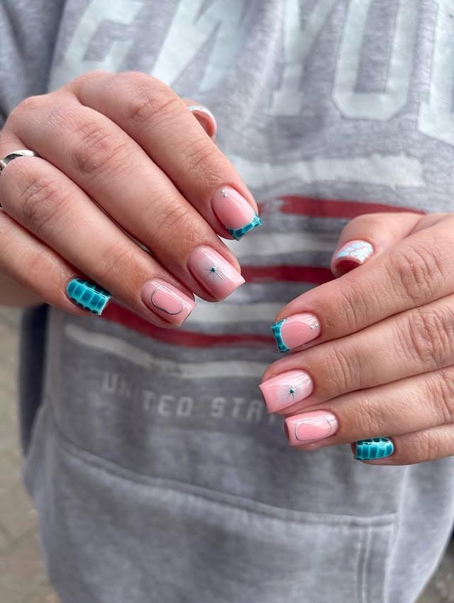 16. Aqua French Tip Short Nails with Graphic Details - short nail art ideas