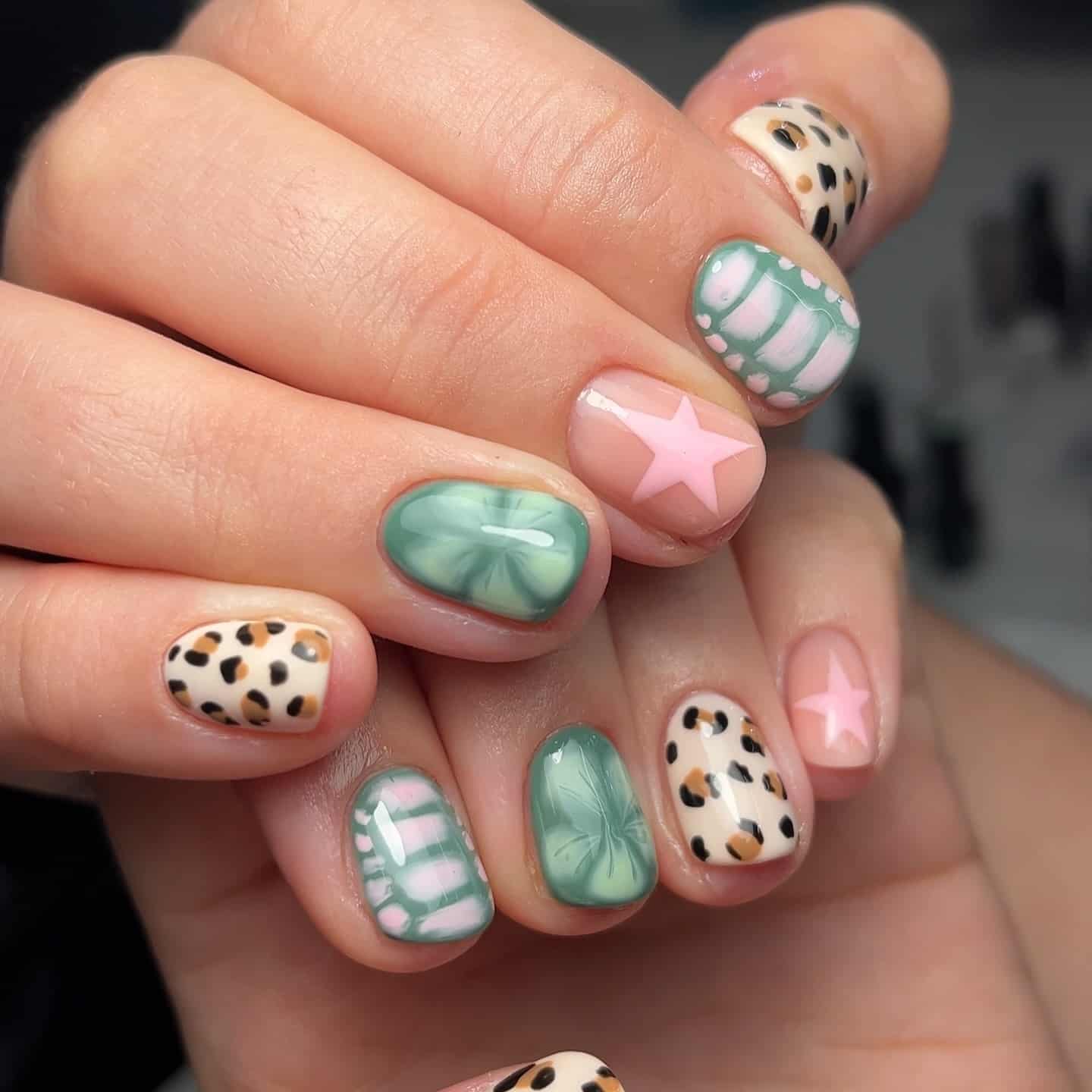 17. Mixed Pattern Short Nails in Sage Green, Blush Pink & Leopard Print - short nail art ideas