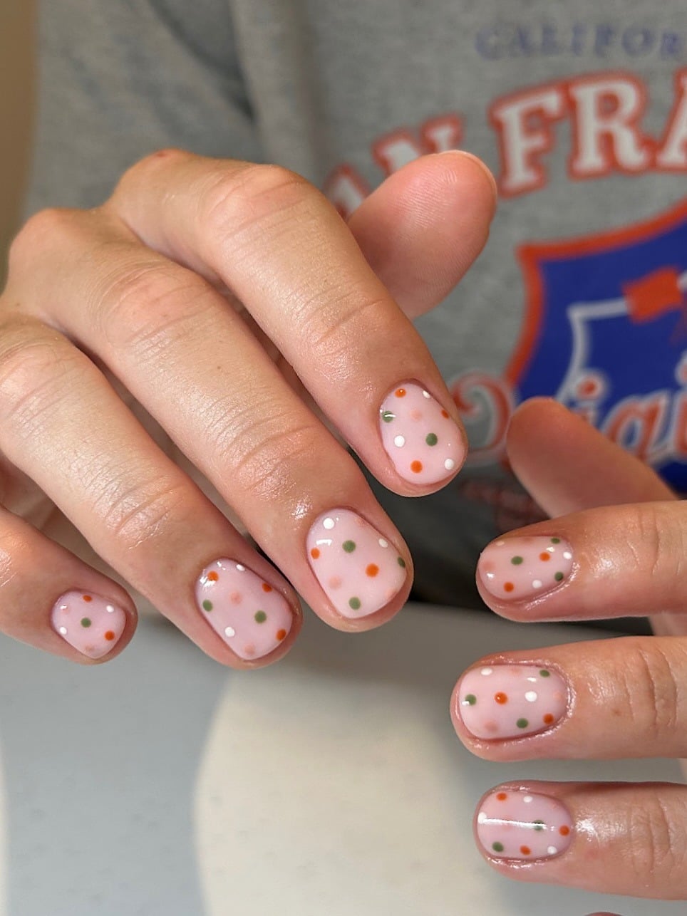 18. Pastel Confetti Polka Dot Short Nails in Pink, Orange & Green - short nail art ideas